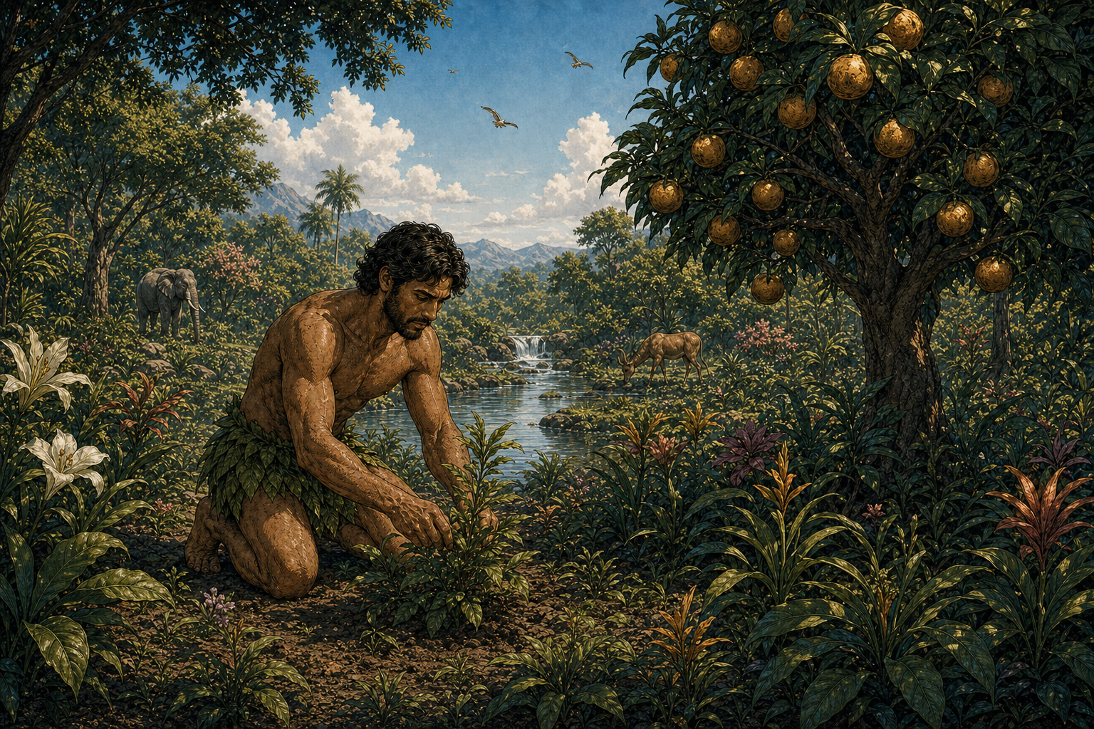 Adult man tending plants with modest framing; unidentified forbidden fruit.