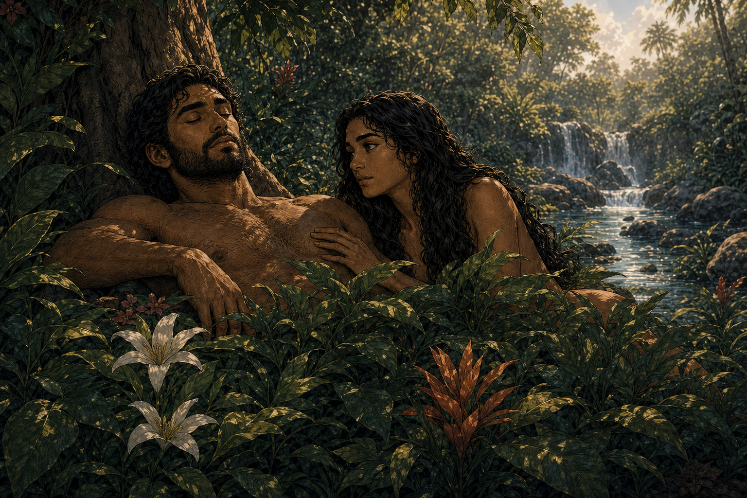 Adult man and woman together, obscured by foliage and careful non-explicit framing.