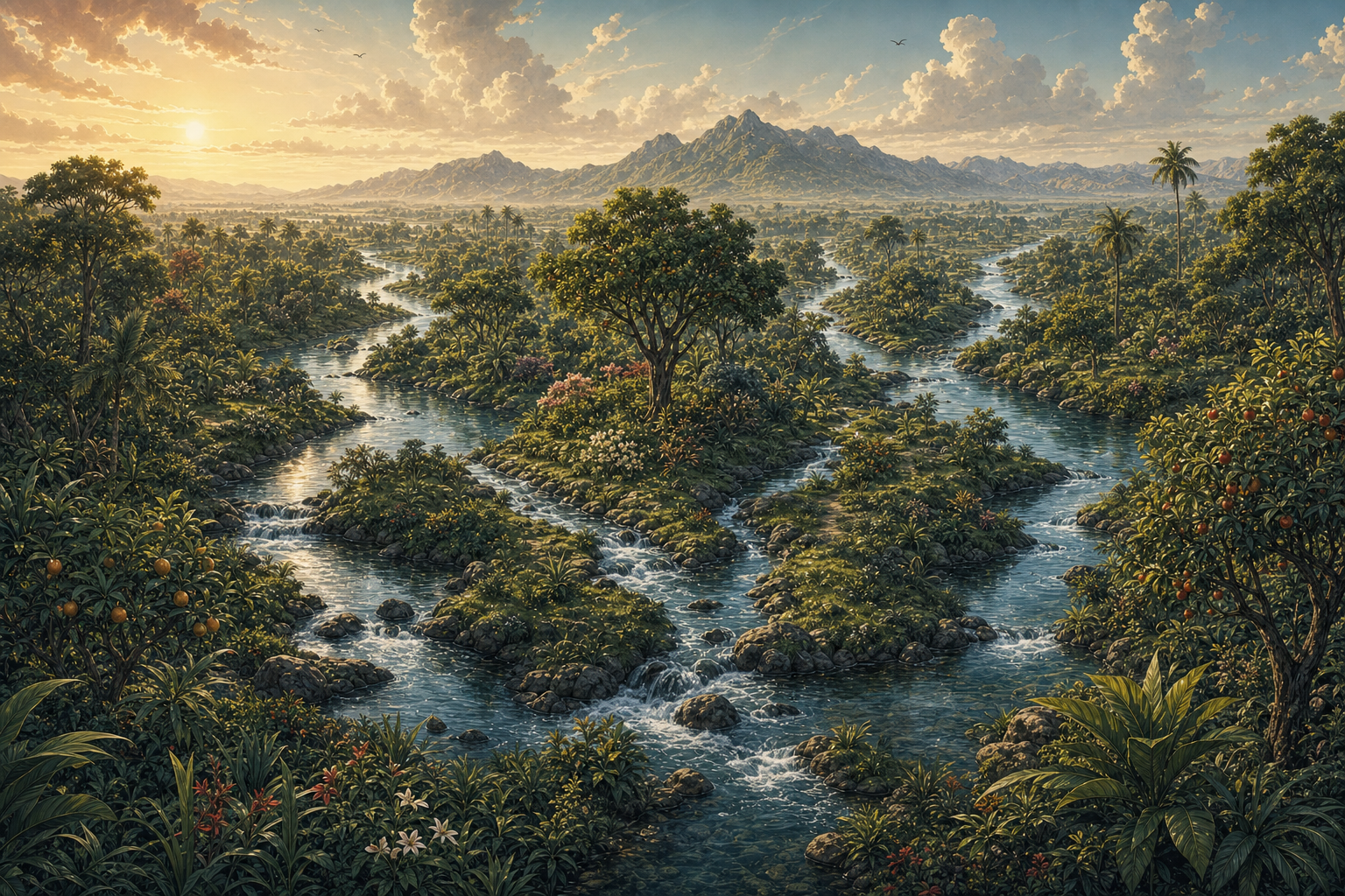 Lush river garden; do not label any real-world map as certain.