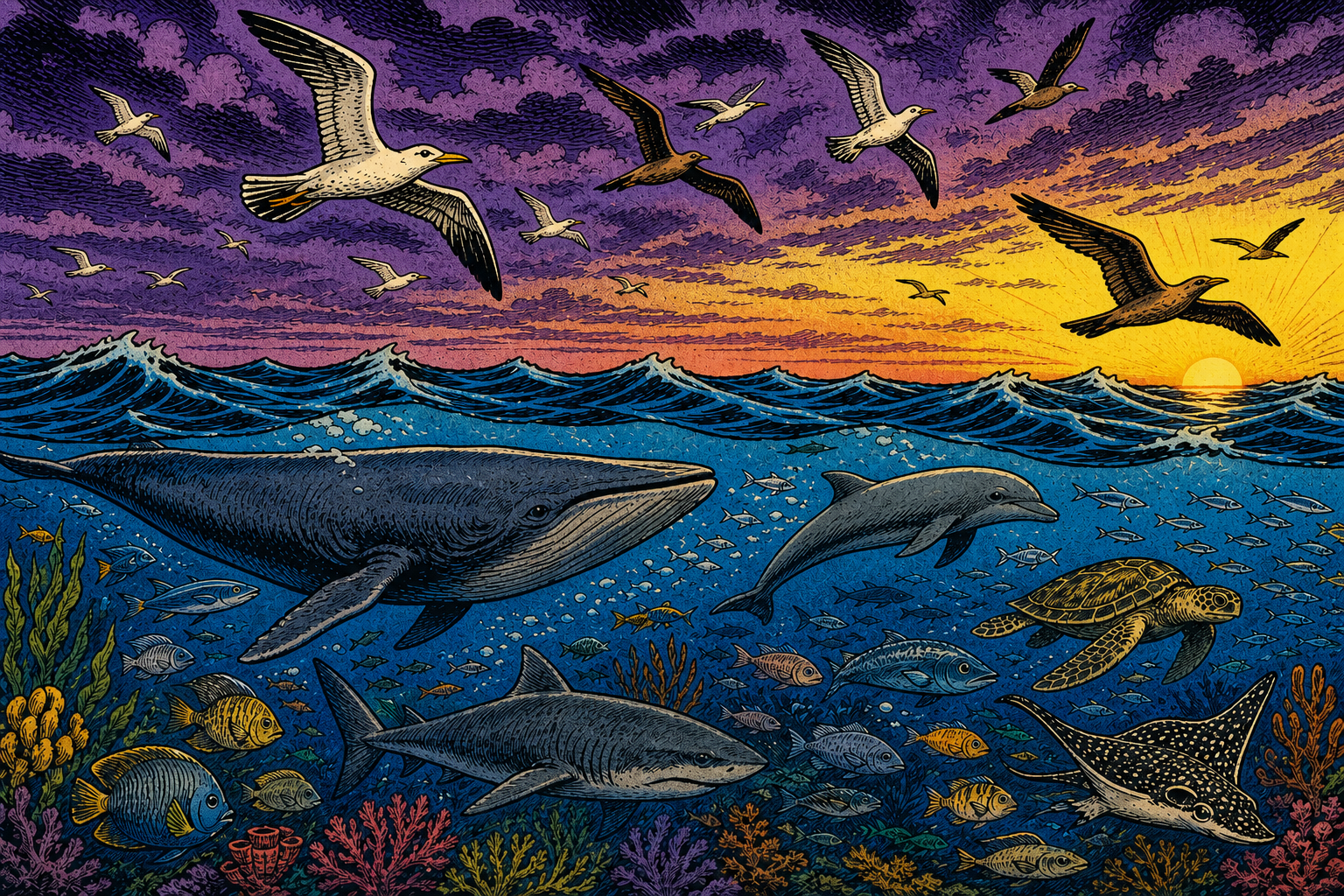 Underwater creatures and birds above the waterline; inferred species.