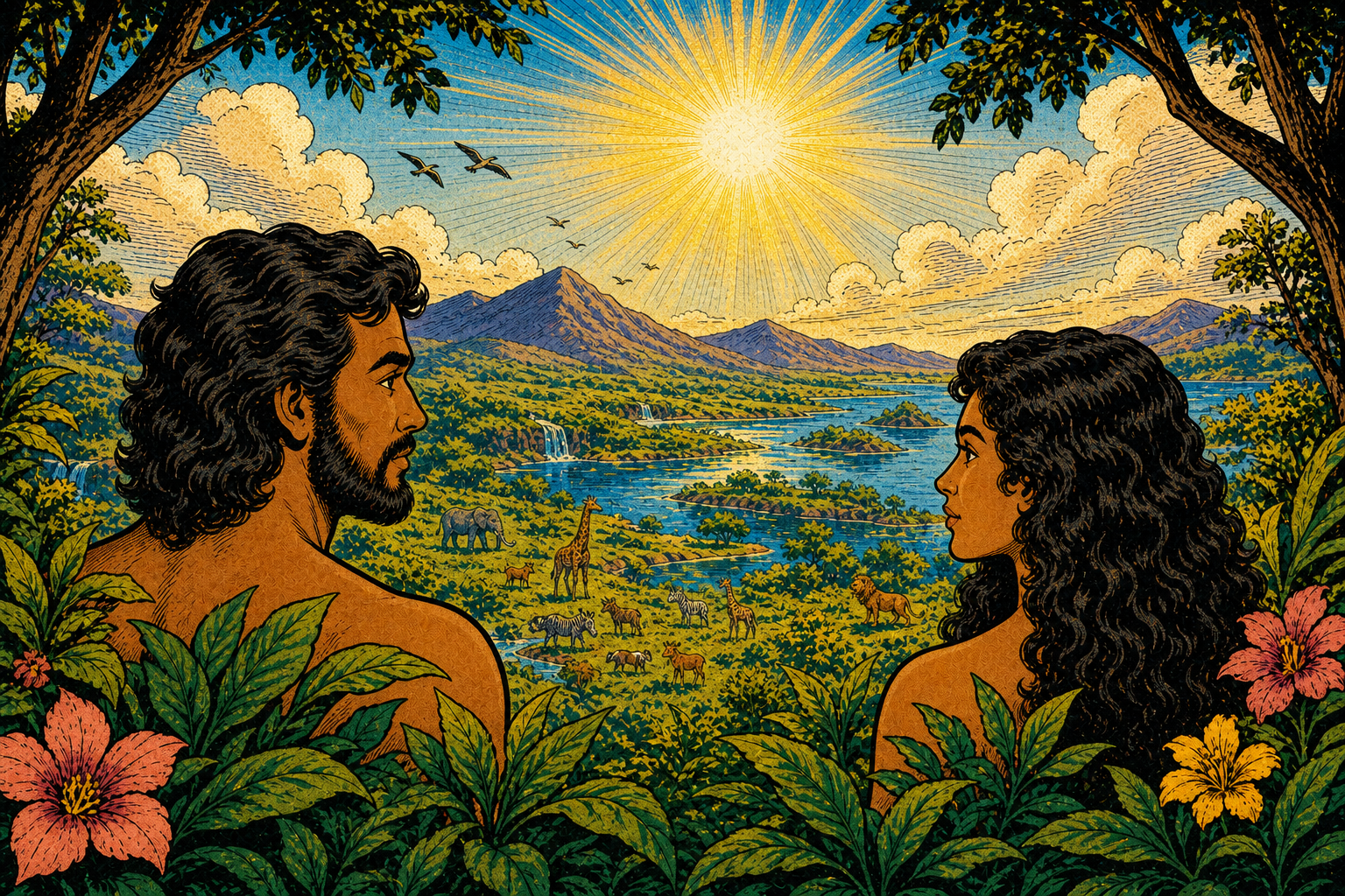 Distant adult human figures in a broad landscape, modest natural screening; God unembodied.