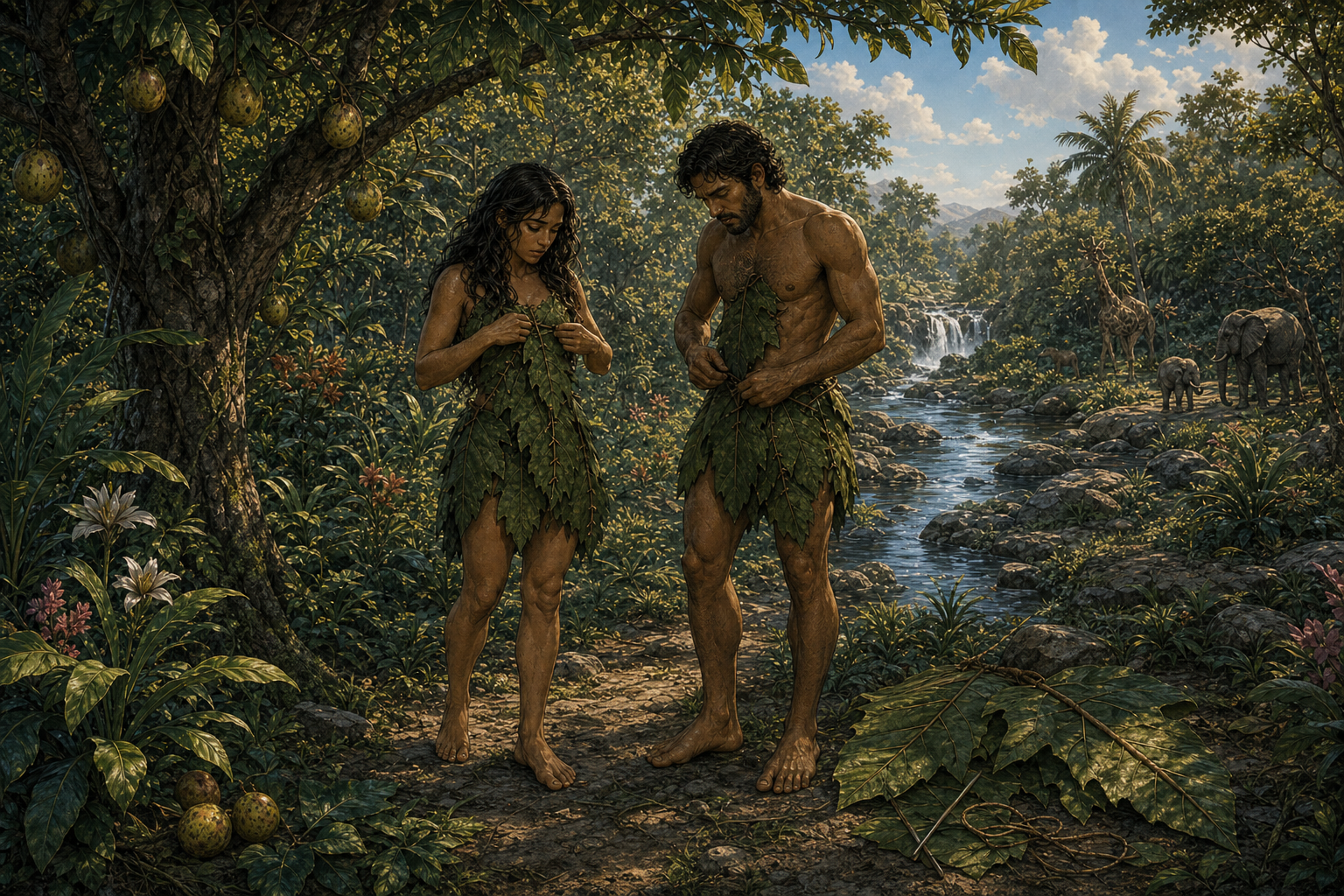 Hands taking fruit, then reaction and fig-leaf coverings; no explicit nudity.
