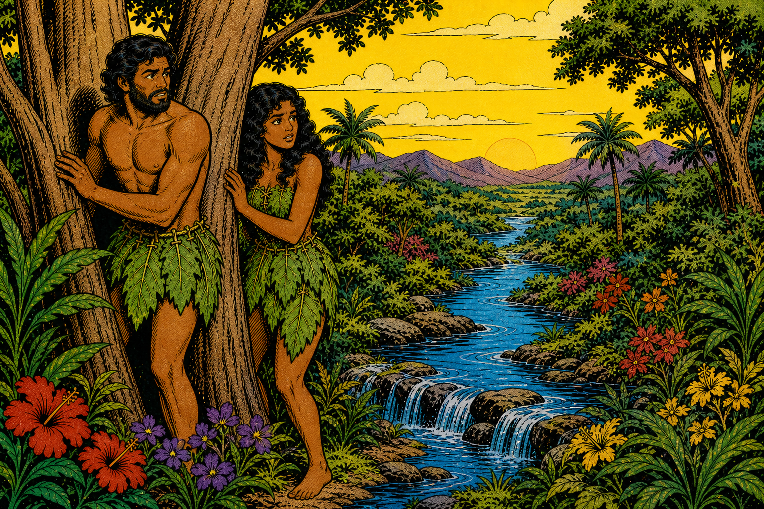 Figures hiding behind garden trees, no physical God depicted.