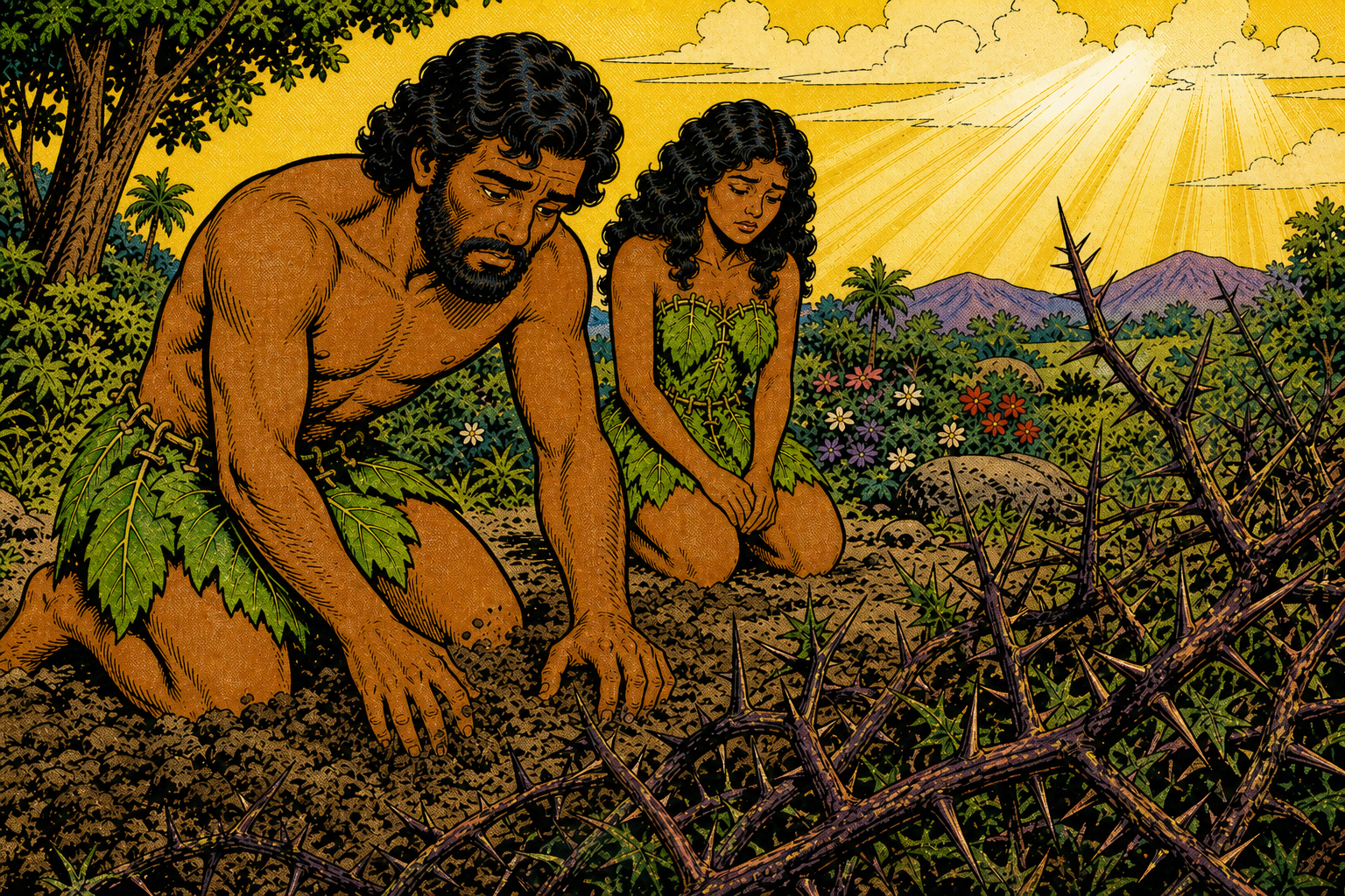 Thorns in foreground; earth and human hands; unembodied divine speech.