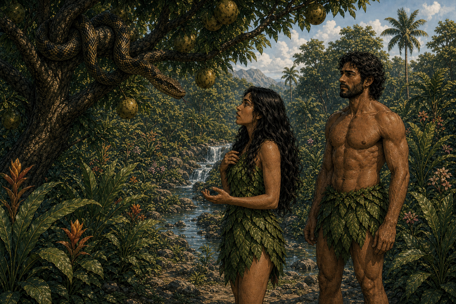 Serpent in tree near woman, fruit species not recognizable as a claimed apple.