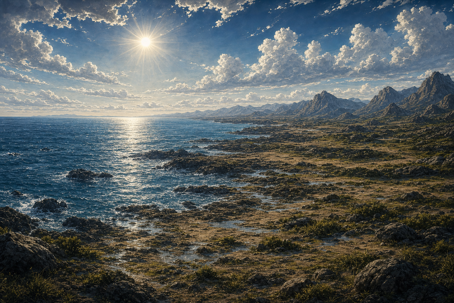 Wide view of sea meeting newly exposed ground.