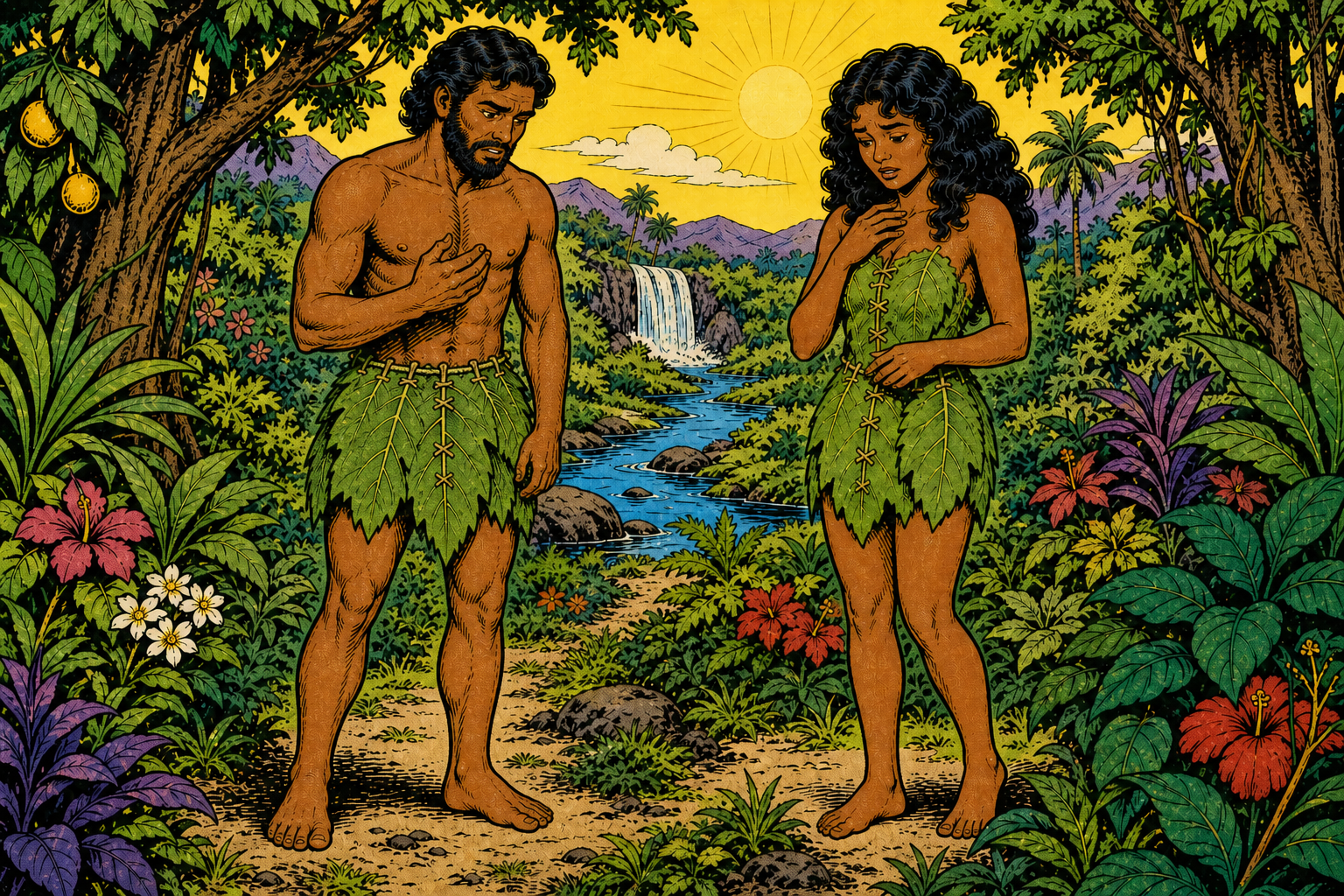After eating, Adam and Eve react with newly troubled expressions, already wearing sewn fig-leaf coverings. One moment with each person shown once; no explicit nudity.