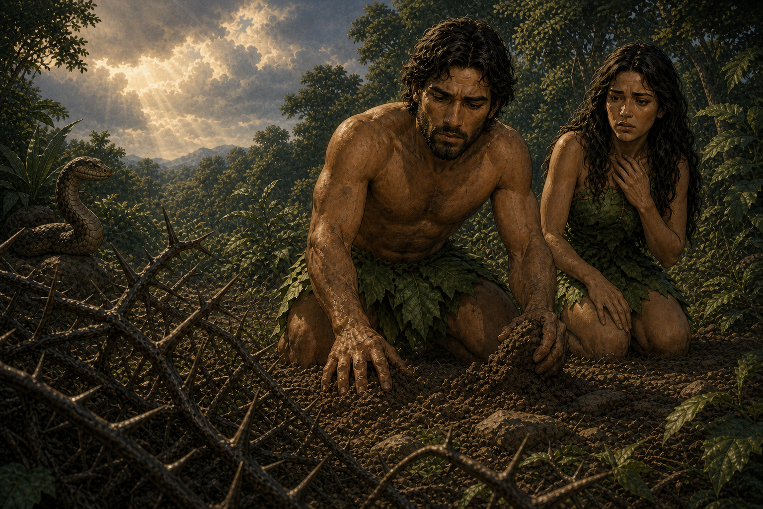 Thorns in foreground; earth and human hands; unembodied divine speech.