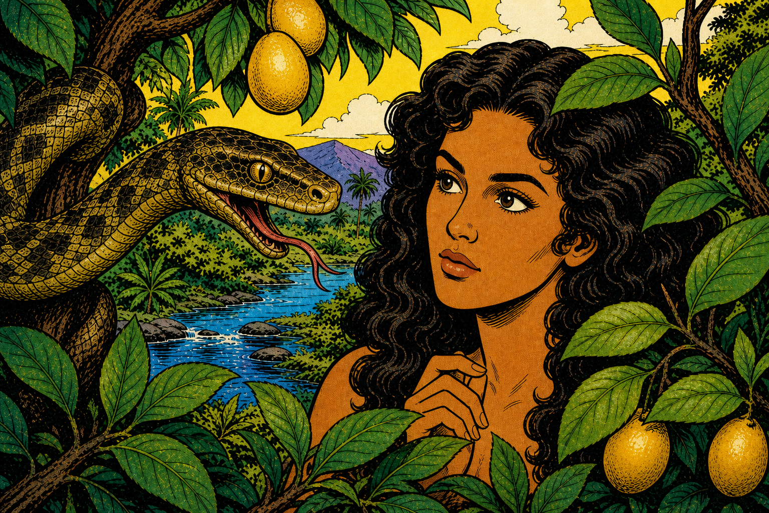 Close view of serpent, woman listening; do not depict the serpent’s claim as a narrator’s truth.