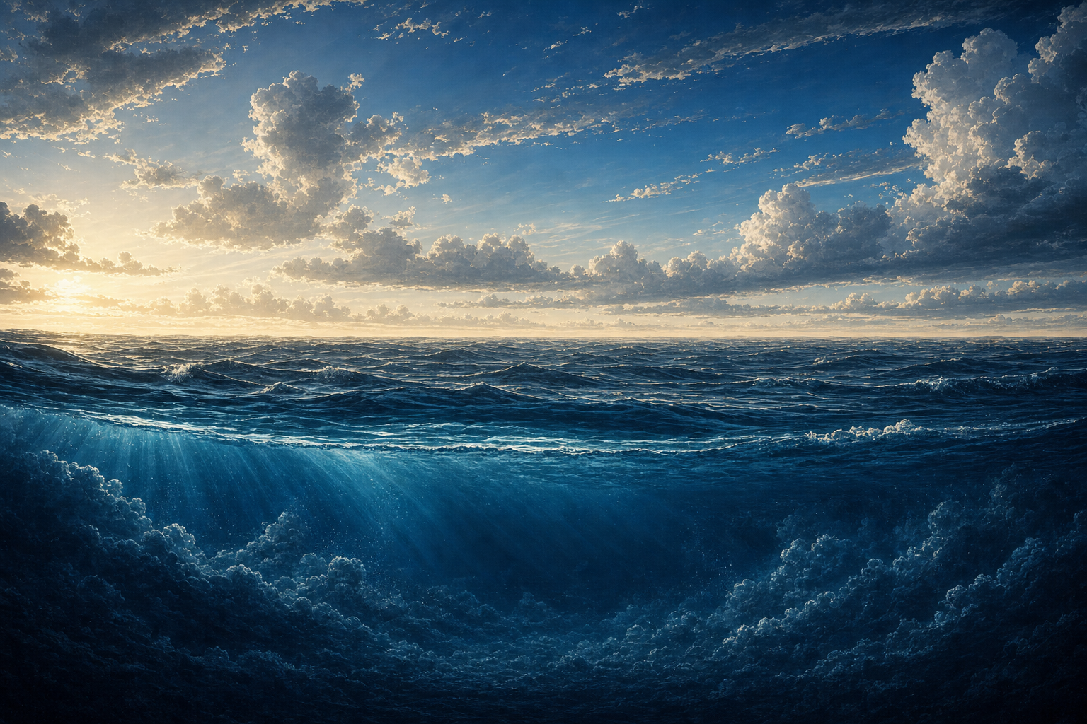 Layered waters and open sky; avoid a scientific cosmology claim.