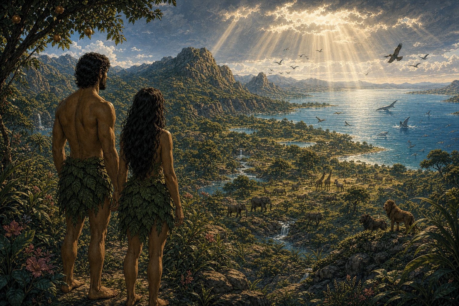 Distant adult human figures in a broad landscape, modest natural screening; God unembodied.