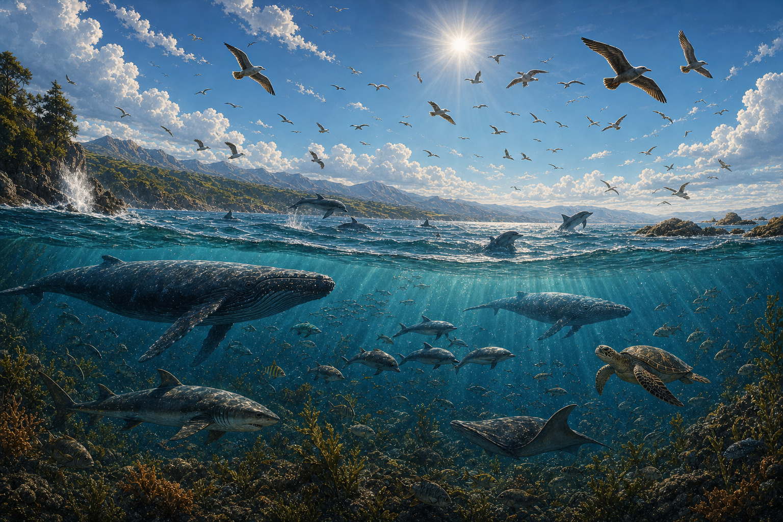 Underwater creatures and birds above the waterline; inferred species.