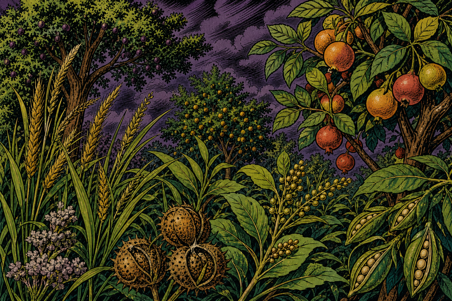 Ground-level plants and seed-bearing trees in diffuse light, no sun shown.
