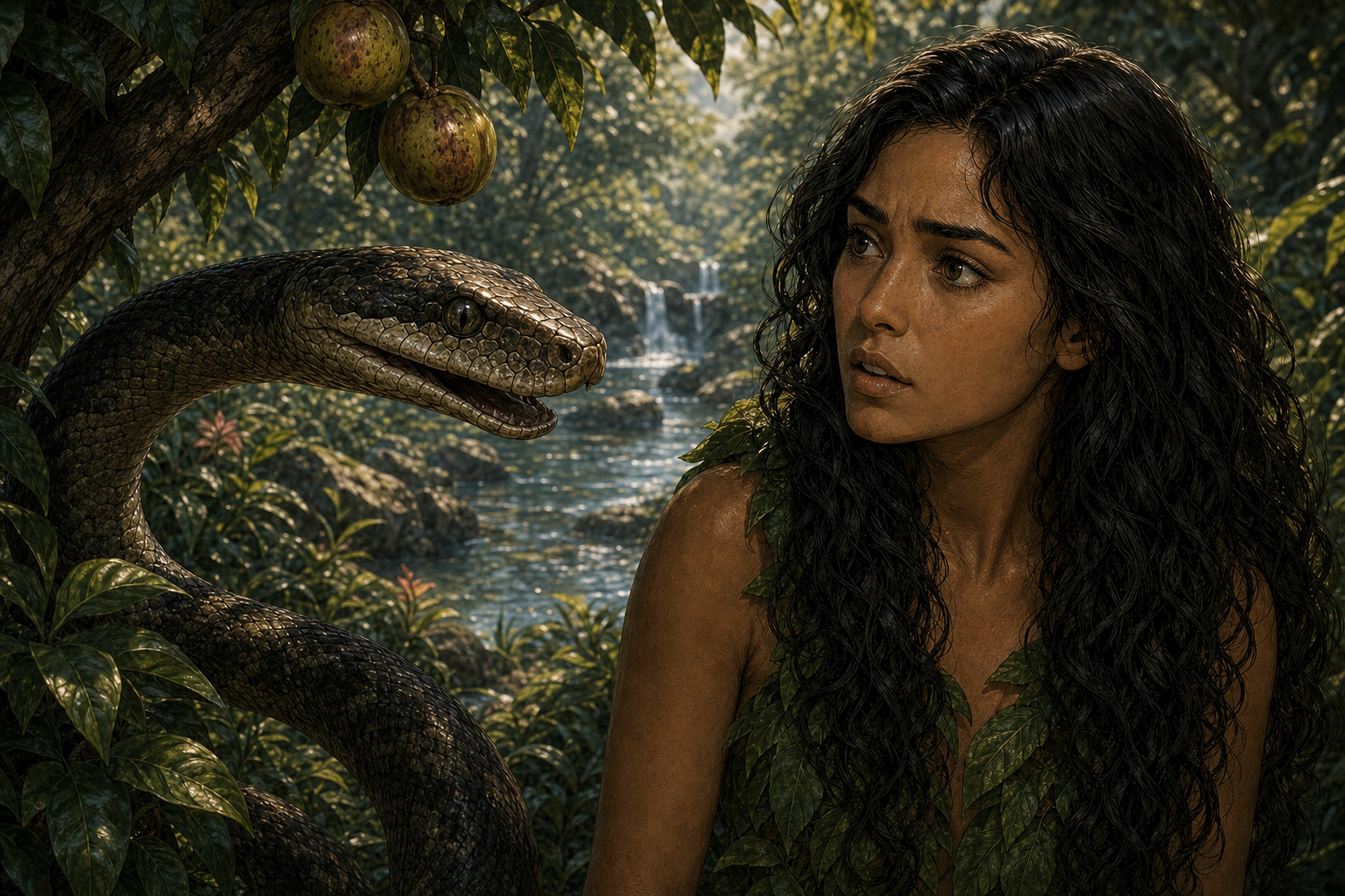 Close view of serpent, woman listening; do not depict the serpent’s claim as a narrator’s truth.