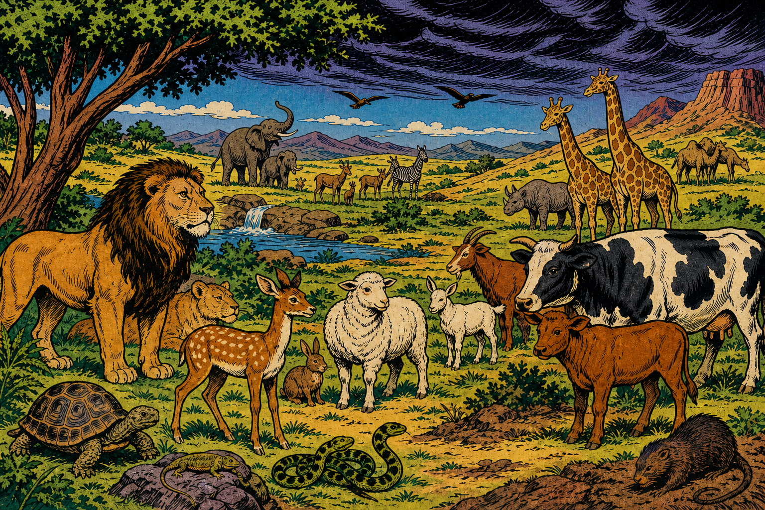 Animals across open land; inferred species; humans outside this shot.