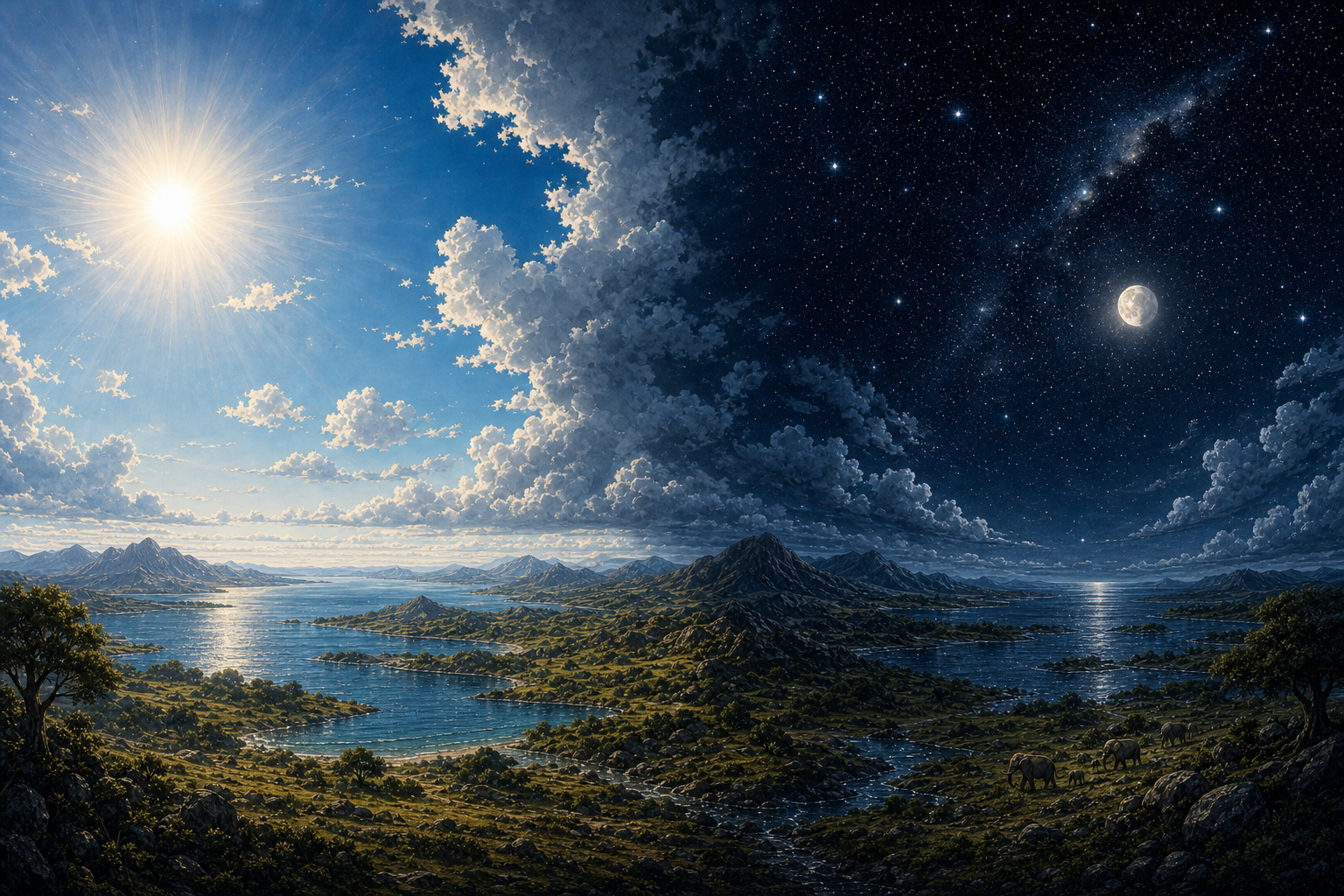 A composition relating daytime and nighttime skies; not a claim of simultaneous visibility.