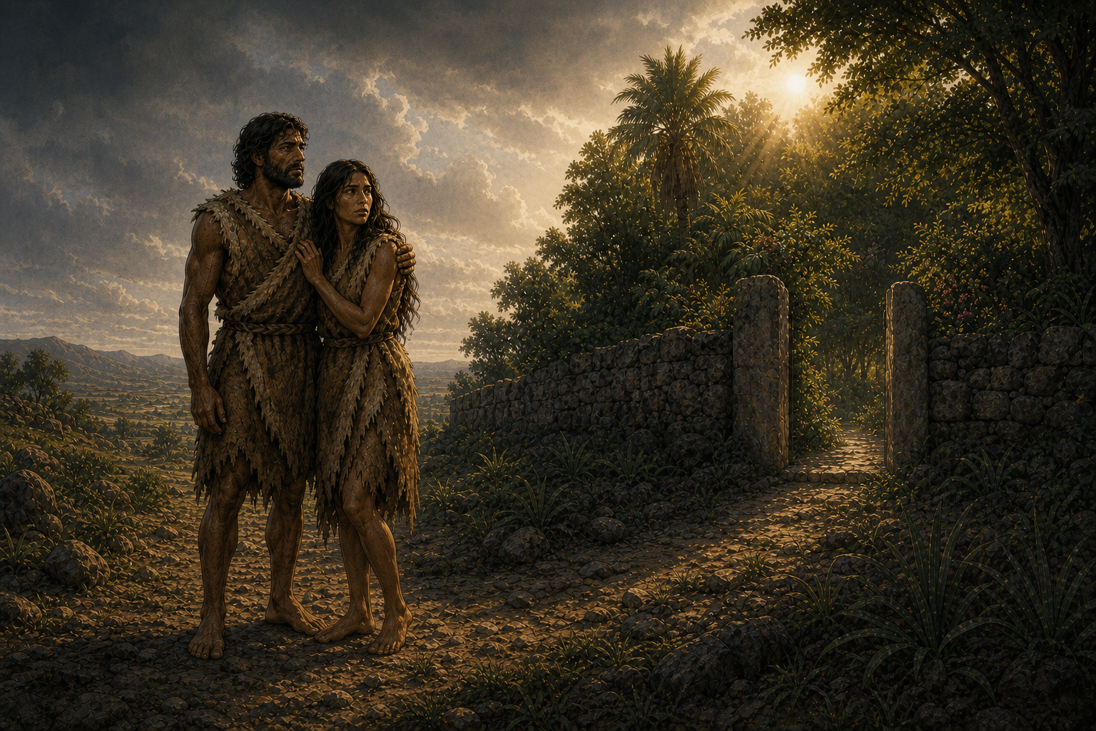 Clothed adult couple by garden edge; no imagined scene of animal killing.