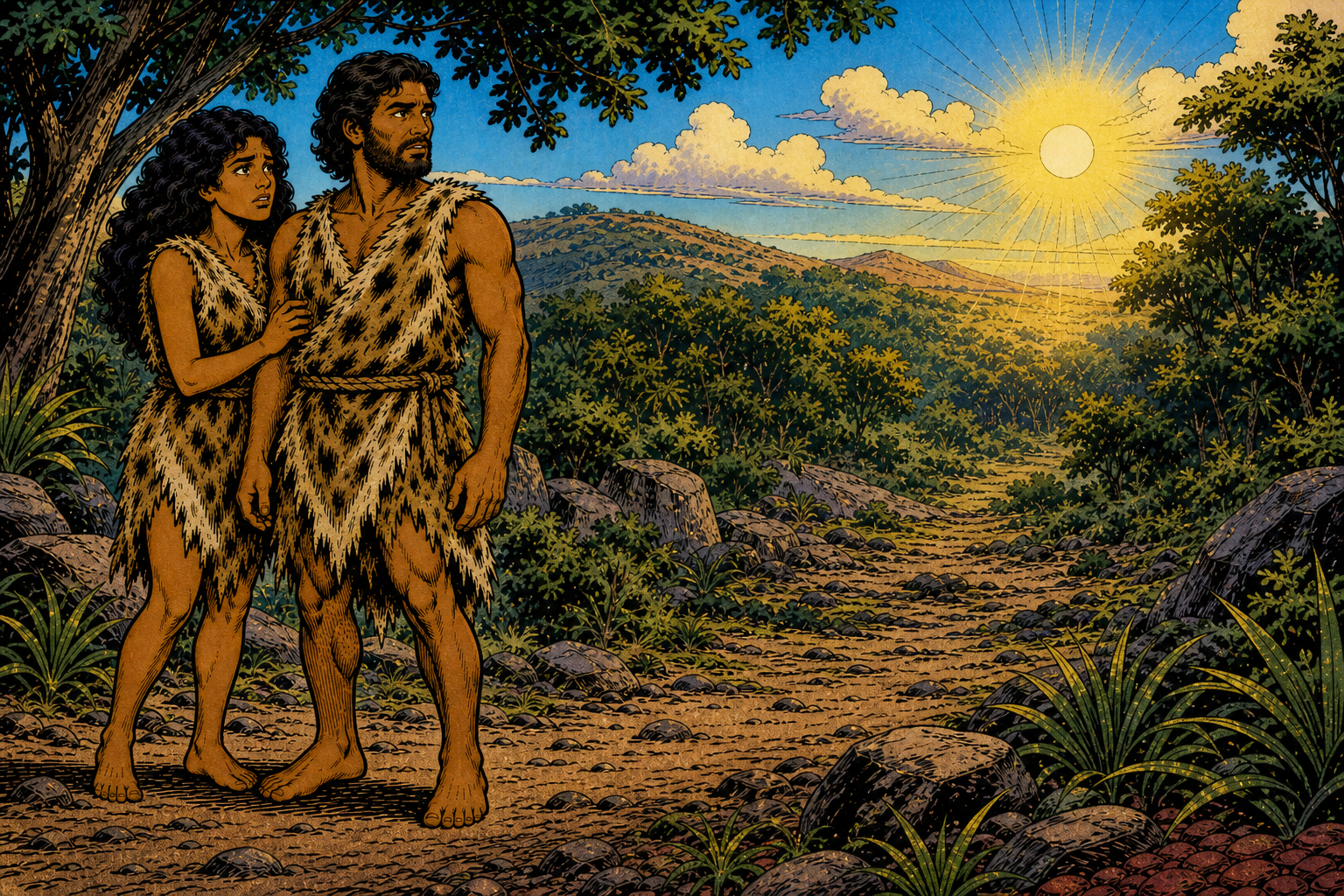 Clothed adult couple by garden edge; no imagined scene of animal killing.
