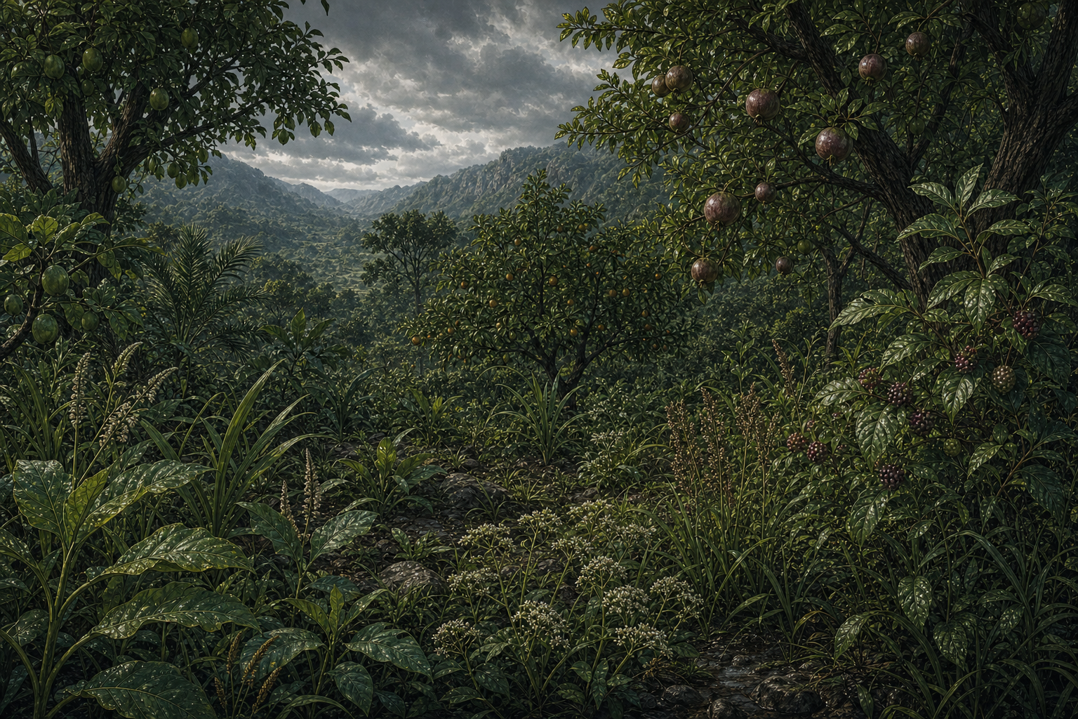 Ground-level plants and seed-bearing trees in diffuse light, no sun shown.