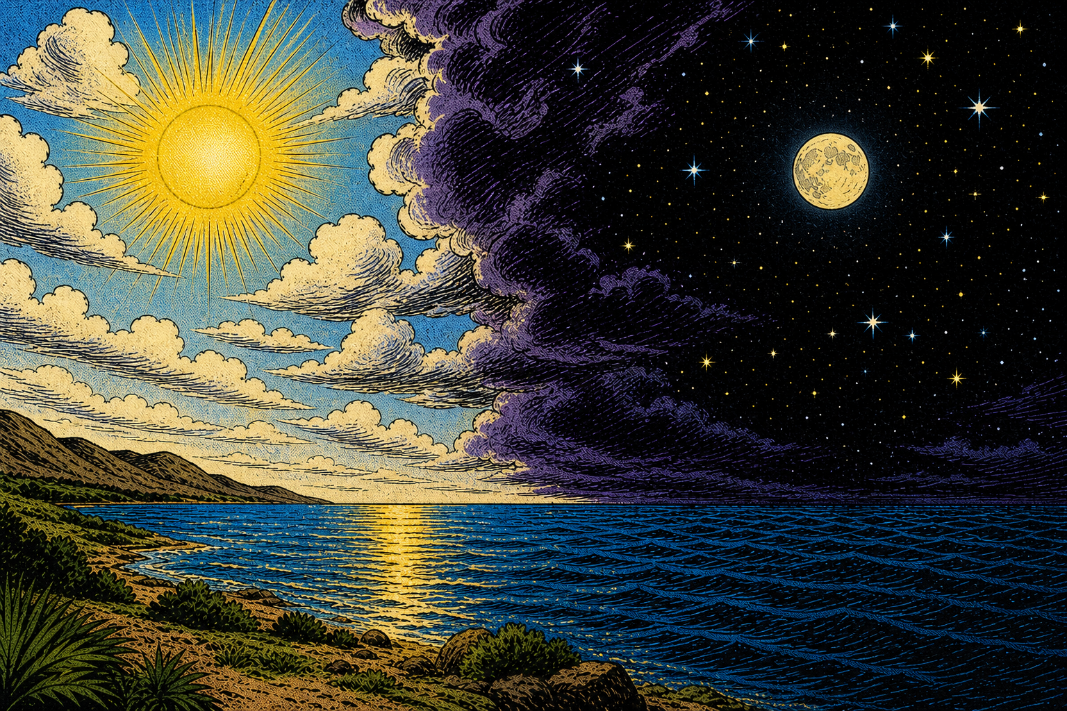A composition relating daytime and nighttime skies; not a claim of simultaneous visibility.